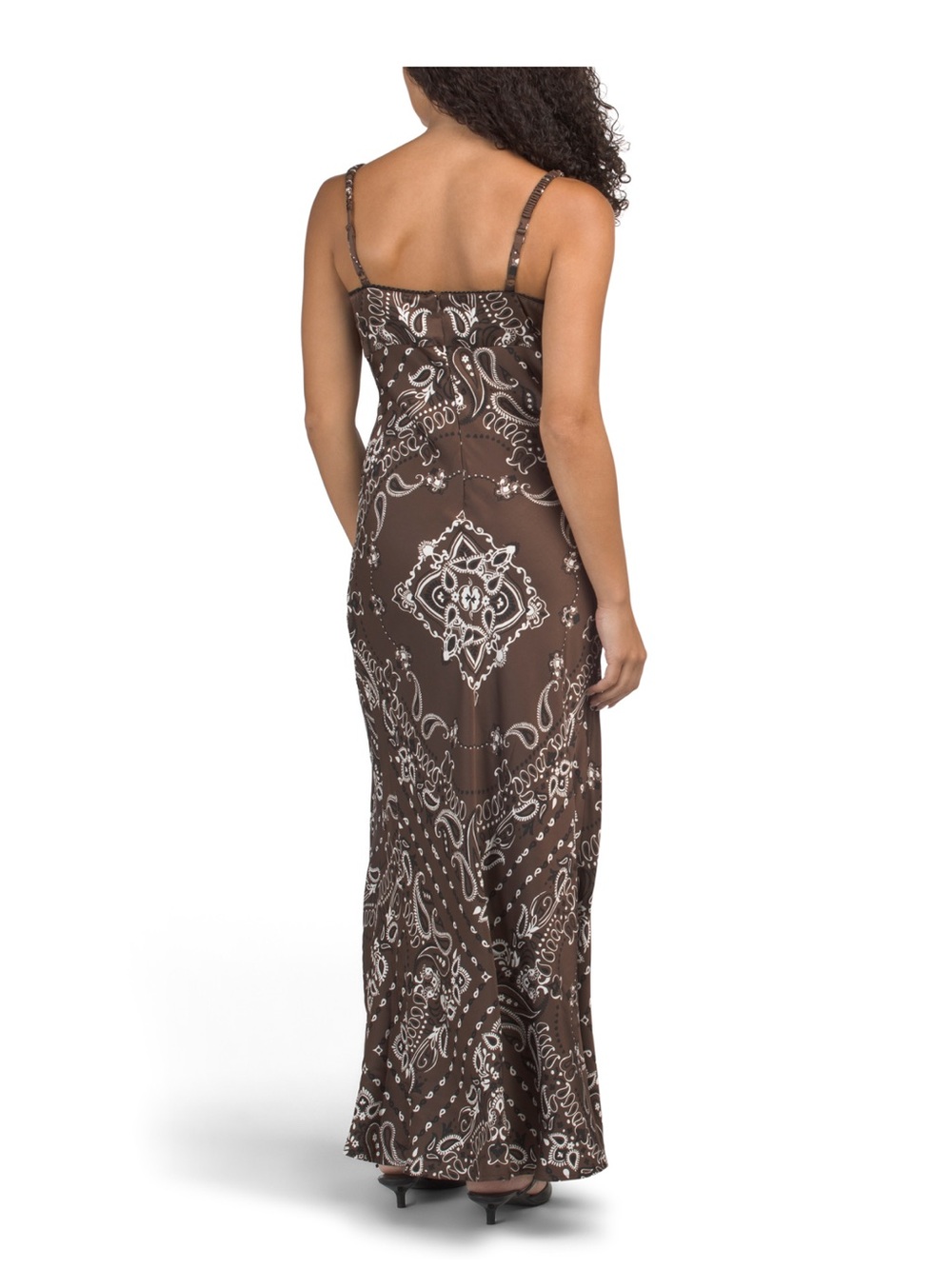 🐒 Camila Coelho Bandana Brown Paisley Slip Maxi Dress with Cream Accents - Picture 3 of 4